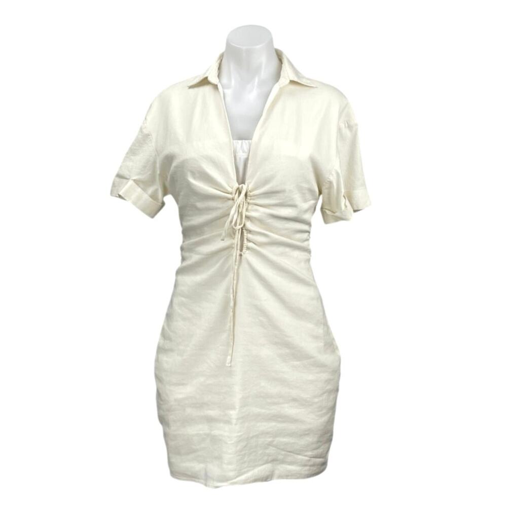 Zara White Linen Collared Short Sleeve Tie Keyhole Mini Bodycon Shirt Dress Sz M